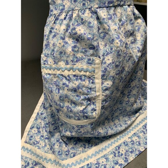 Handmade Blue Floral Half Apron with Pocket & Ric Rac Trim Vintage Style - Picture 3 of 7